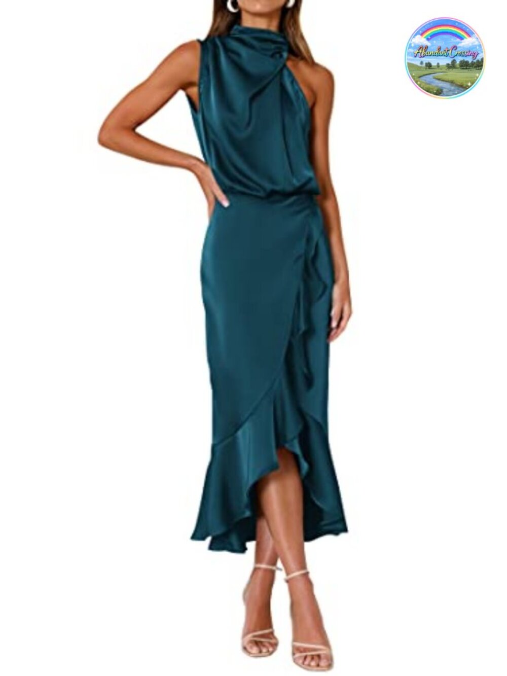 Satin Mock Neck Sleeveless Wrap Midi Dress Wedding Guest Formal